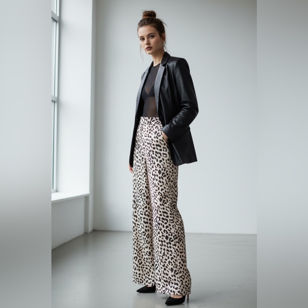 Alice + Olivia Athena Leopard Print Wide Leg Pants High Rise Silk Feel XL